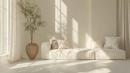 Detailed 3D illustration of a minimalist living room in a serene, quiet mood, with clean light enhancing the peaceful whites and soft textures.