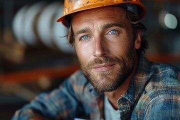 Close-up image capturing a pensive young construction worker in an orange hard hat
