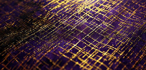 Deep purple backdrop with a matrix of gold lines creating a rich, woven effect.