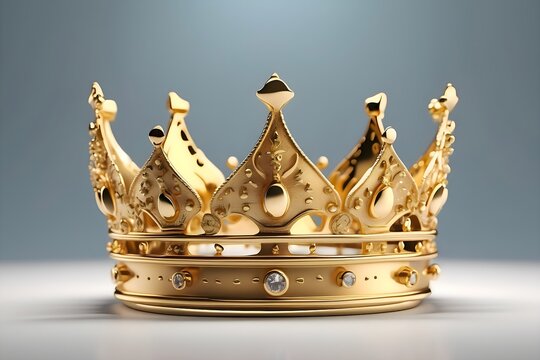 3D crown made of gold metal, white background and smooth all around