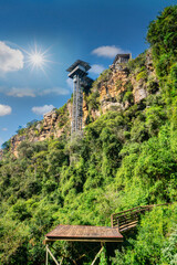 South Africa, Graskop Gorge, 17 june 2023 recreation area with a glass lift descending into a...