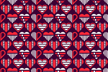 Abstract seamless red and white colored decorative, stylized geometric hearts. Endless repeating heart shapes, abstract pattern design.