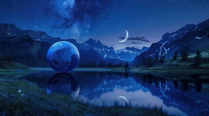landscape with moon and mountains with glassy globe with reflection of moon in it 