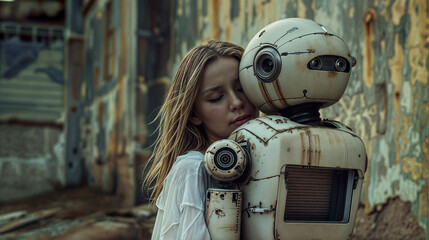 Tender moment between a woman and a futuristic robot