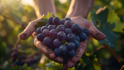 Hands holding grapes in a vineyard