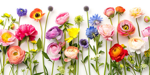 Colorful spring flowers arranged in a row on a white background,