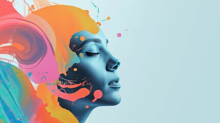Fototapeta premium Colorful Mind: Artistic Profile. Artistic representation of a woman's profile with vibrant paint splashes in orange and blue.