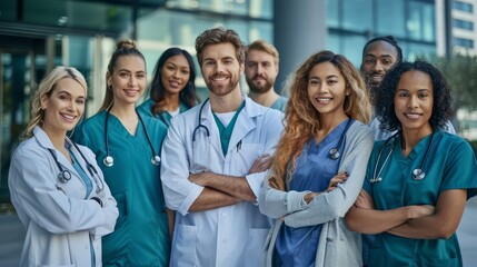 A group of medical professionals are posing for a photo. Scene is positive and friendly, as everyone is smiling and looking happy. The concept of the image is to showcase the camaraderie - Powered by Adobe