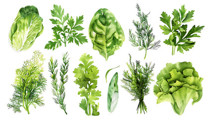 Set of green vegetables and herbs, vector illustration on a white background