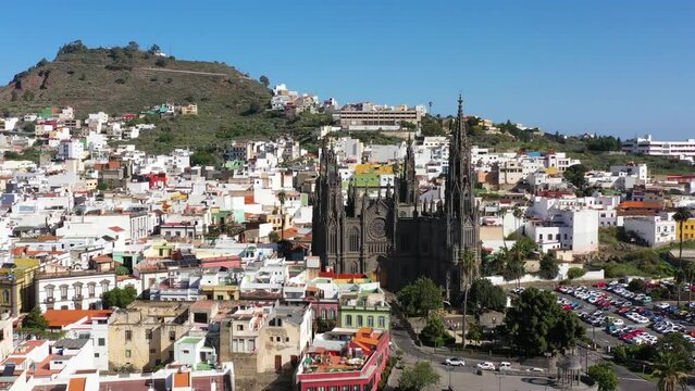 Aerial view of the Parroquia de San Juan Bautista de Arucas church in Arucas town, Gran Canaria, Canary Islands, Spain. Historic Neo-Gothic cathedral in Arucas.