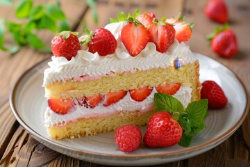 Delectable homemade strawberry sponge cake slice adorned with fresh berries and fluffy whipped cream