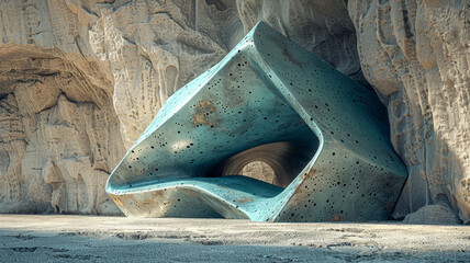A blue abstract geometrical sculpture in a cave setting.