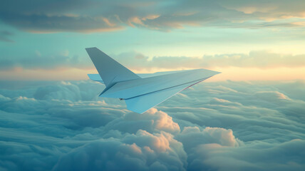Obraz premium Paper airplane wing above clouds at sunset.