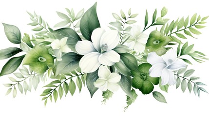 Watercolor of Tropical spring floral green leaves and flowers isolated on white backgrounds