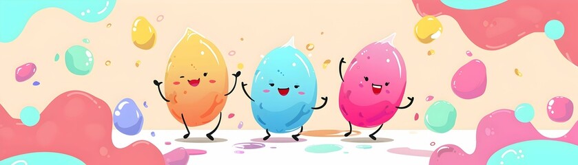 Obraz premium Whimsical illustration of animated, colorful cartoon characters having fun in a festive parade, featuring playful expressions and vibrant colors.