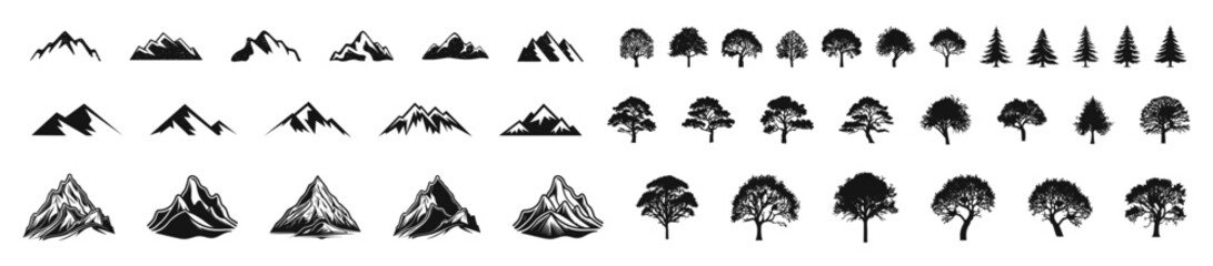 Mountains and trees vector silhouette set. Mountain and tree isolated collection.