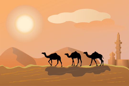 Desert camel caravan silhouette over the sunset or sunrise. Camel caravan, desert, mosque, sun, sand.