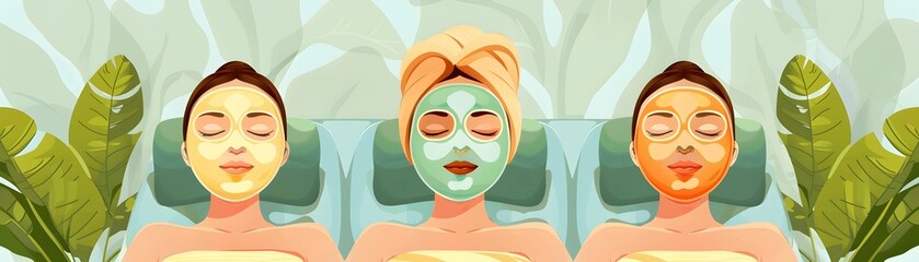 Illustration of three women enjoying a spa day with different types of facial masks, highlighted by their relaxed expressions and colorful backdrop.