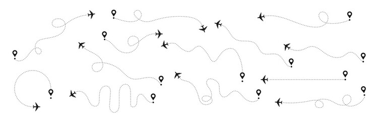 Plane flight path vector set. Airplane flying dotted line to destination collection.