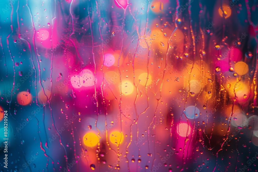 Poster multicolored lights form a vibrant abstract bokeh effect through wet glass, creating a joyful and fe
