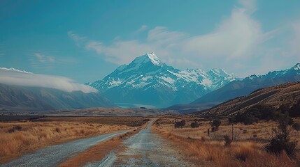 Beautiful view of a road leading to Mountains, Landscape blue sky background.