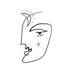 Obraz premium Modern abstract minimalistic continuous face portrait. Linear ink brush. Line art current contemporary continuous cubism painting. Fashion style black and white abstraction poster. Vector illustration
