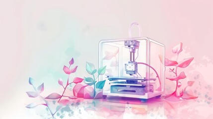 Minimal watercolor of innovation illustrating a 3D printer in action in vintage styles, clipart kawaii watercolor on white background