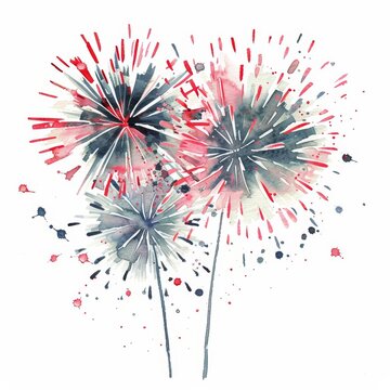 Minimal watercolor of holiday capturing New Years fireworks in vintage styles, clipart watercolor on white background