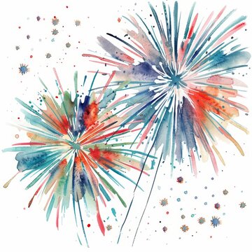 Minimal watercolor of holiday capturing New Years fireworks in vintage styles, clipart watercolor on white background