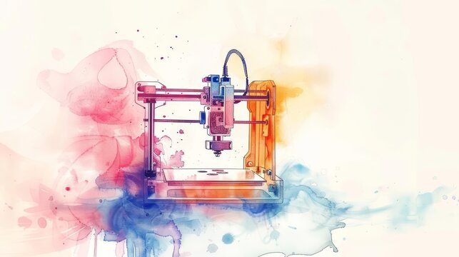 Minimal Watercolor Of Innovation Illustrating A 3D Printer In Action In Vintage Styles, Clipart Kawaii Watercolor On White Background