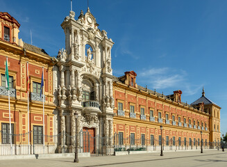 Facade of the Palacio de San Telmo in Seville, 17th century building, headquarters of the Presidency of the Junta de Andalucía, Spain