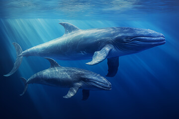 a close up of Blue Whale mom and son underwater on natural background