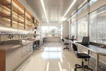 interior of a laboratory facility, with well-equipped workstations, ergonomic furniture, and organized storage systems, creating a conducive environment for scientific inquiry and innovation