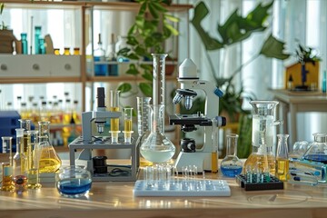 Images showcasing various laboratory equipment such as microscopes, test tubes, beakers, and pipettes, essential for conducting experiments and scientific analysis in a laboratory setting
