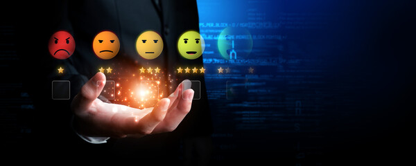 Business person analyzes customer experience satisfaction review data, striving to improve service...