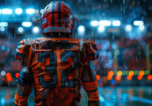 American football player standing on the field in the rain