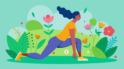 With each exhale you sink deeper into a low lunge feeling the stretch in your hips and thighs while gazing at the colorful flowers blooming in the. Vector illustration