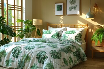 A welcoming bedroom featuring a comfortable bed adorned with tropical print bedding in a well-lit room