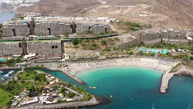 Aerial view with Anfi beach and resort, Gran Canaria, Spain. Playa Anfi del Mar, beautifull beach on Gran Canaria Island, Spain. Beach Anfi del Mar on Gran Canaria, Canary Islands, Spain.