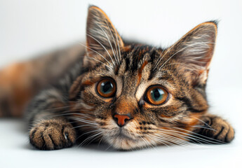 Beautiful little cat lies on white background and looks at the camera.