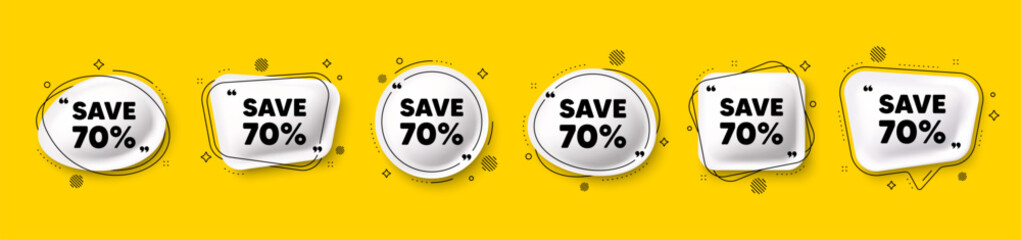 Obraz premium Save 70 percent off tag. Speech bubble 3d icons set. Sale Discount offer price sign. Special offer symbol. Discount chat talk message. Speech bubble banners with comma. Text balloons. Vector