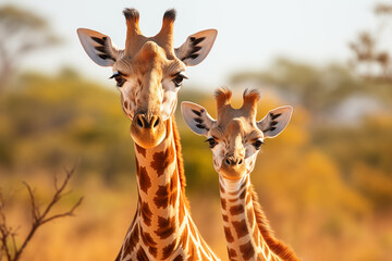 a close up of giraffe mom and son on natural background