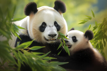 a close up of Giant Panda mom and son eating bamboo on natural background