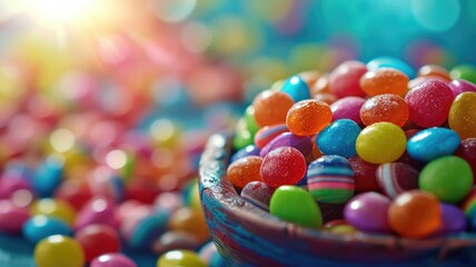 The close up view of picture of a lot of the colourful candy, sweet, sugar, and jelly that has been put around the table or floor and gathered together and has been filled with various sweet. AIGX01. - Powered by Adobe