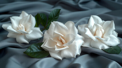 Three white gardenias on fabric.