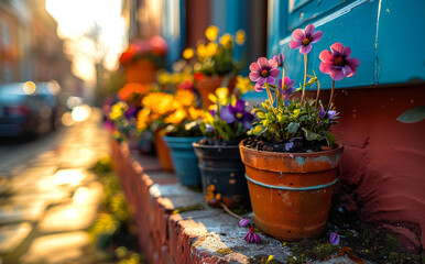 Colorful flowers in pots on the street