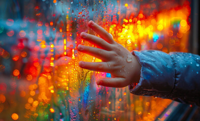 Child hand behind wet window with the colorful light