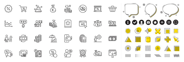 Set of Money, Phone pay and Inflation line icons for web app. Design elements, Social media icons. Money bag, Loyalty ticket, Check investment icons. Coins, Wallet, Card signs. Vector