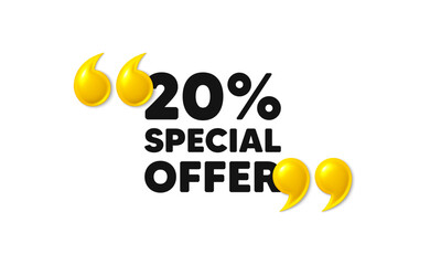 Obraz premium 20 percent discount offer tag. 3d quotation marks with text. Sale price promo sign. Special offer symbol. Discount message. Phrase banner with 3d double quotes. Vector