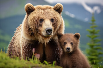 a close up of brown Grizzly Bear mom and son on natural background